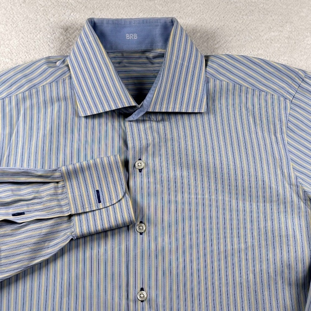 J. Hilburn‎ Flannel Shirt Mens Large Blue Yellow Striped Casual Wear Button Up